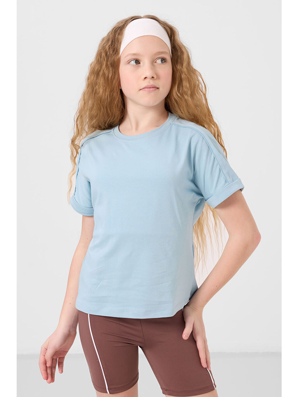 Açık Mavi Pamuklu O Yaka Oversize Fit Basic Kız Çocuk T-Shirt - 75182-3