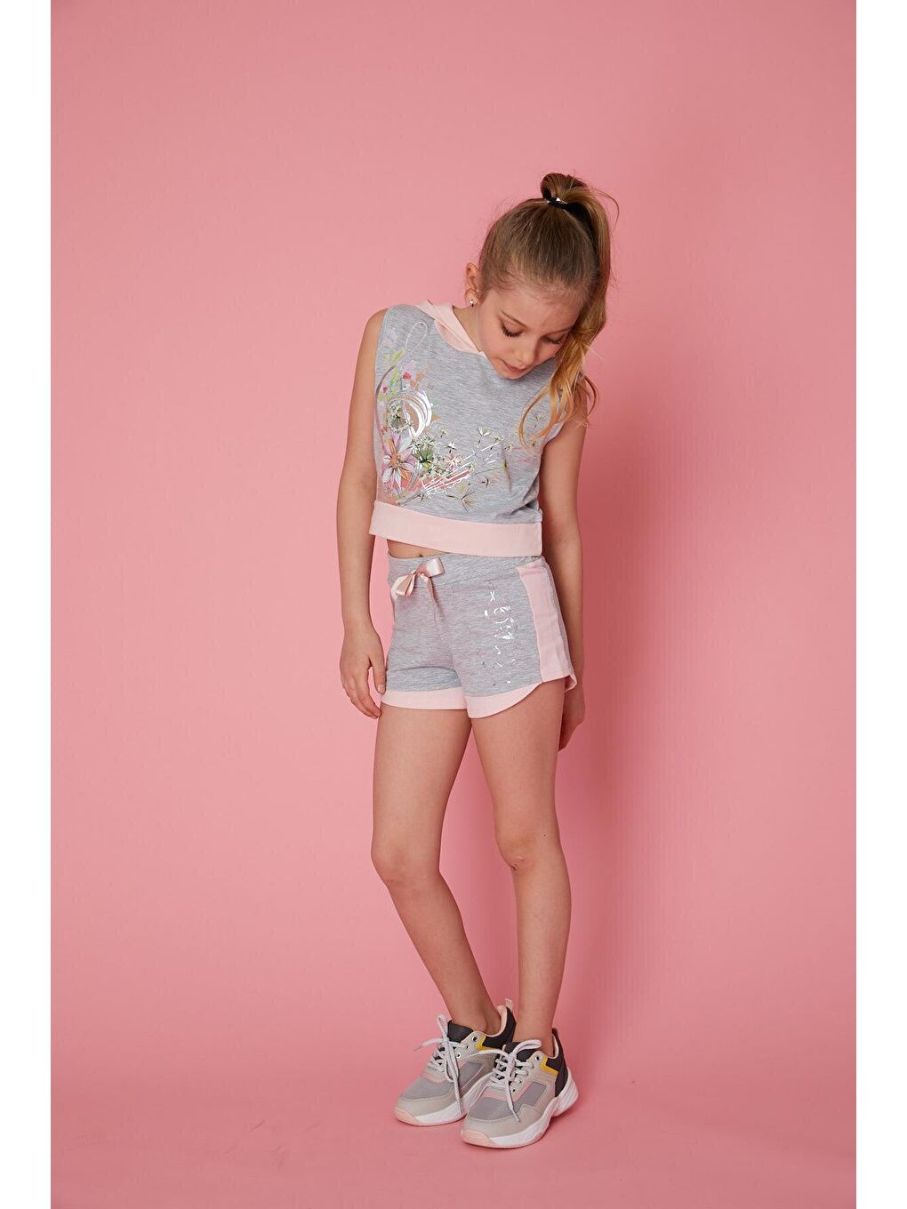 Gri Kız Çocuk Kurdeleli Garnili Şort