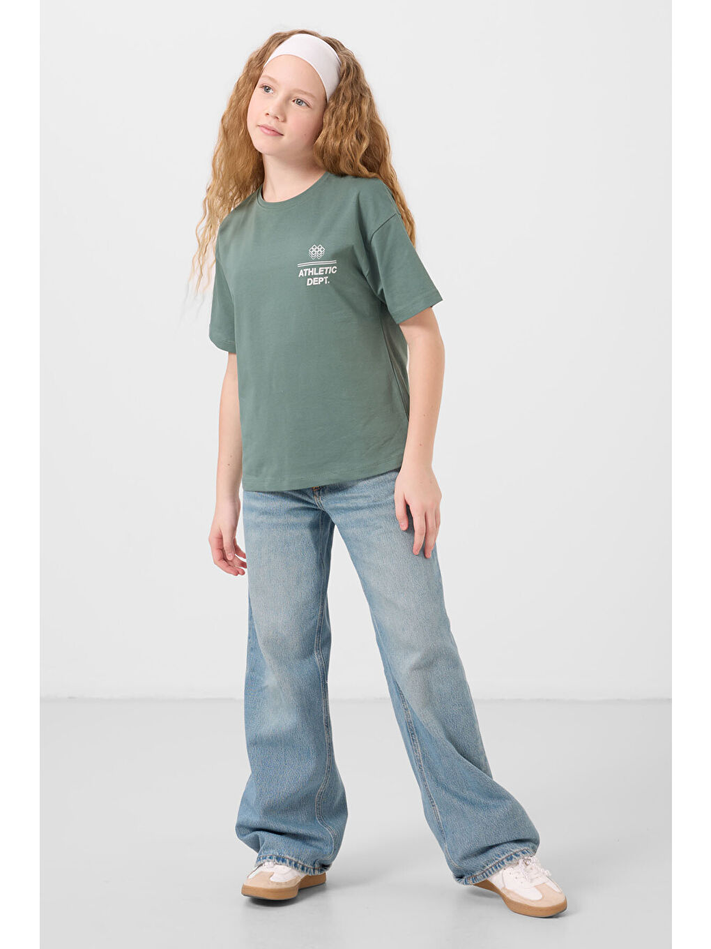 Açık Yeşil Pamuklu O Yaka Oversize Fit Baskılı Kız Çocuk T-Shirt - 75178-1