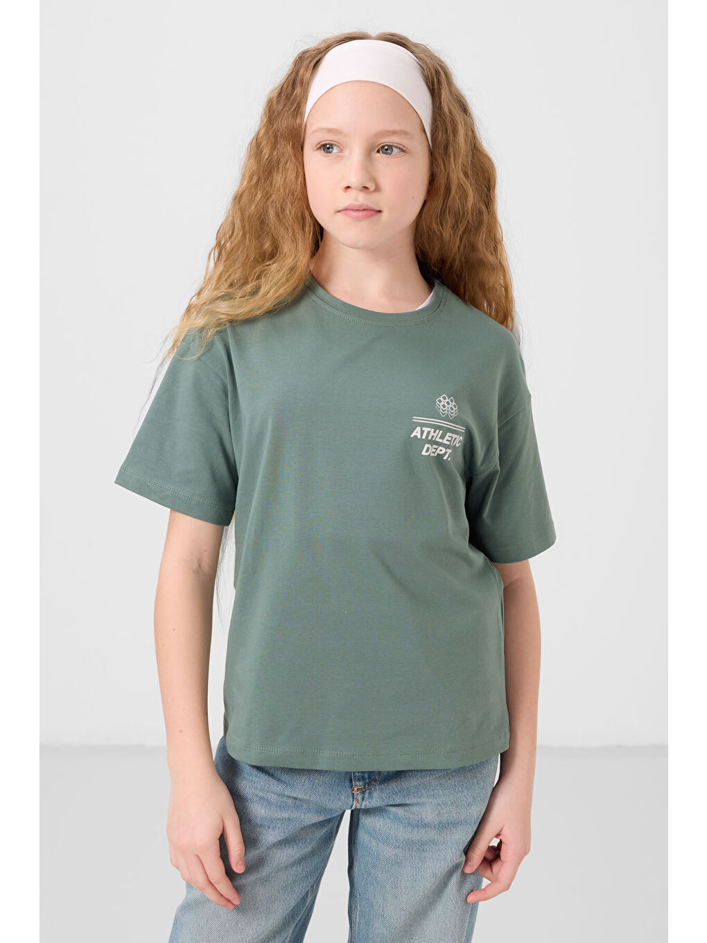 Açık Yeşil Pamuklu O Yaka Oversize Fit Baskılı Kız Çocuk T-Shirt - 75178-2