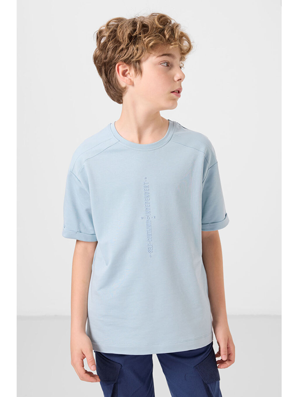 Açık Mavi Pamuklu Yumuşak Dokulu Oversize Baskılı Erkek Çocuk T-Shirt - 11301-1