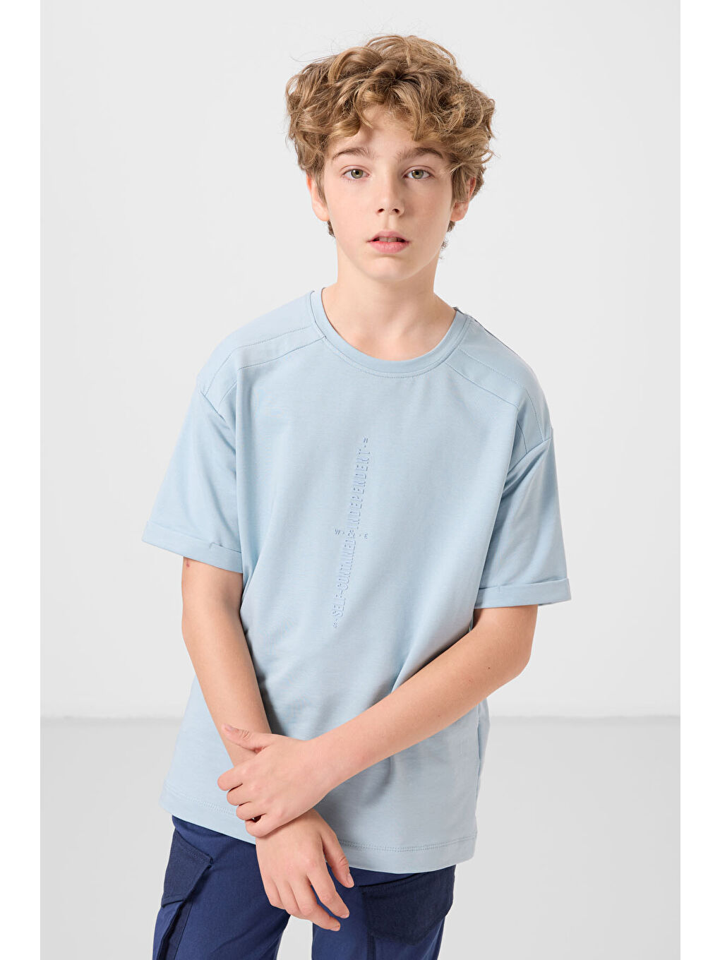 Açık Mavi Pamuklu Yumuşak Dokulu Oversize Baskılı Erkek Çocuk T-Shirt - 11301-3