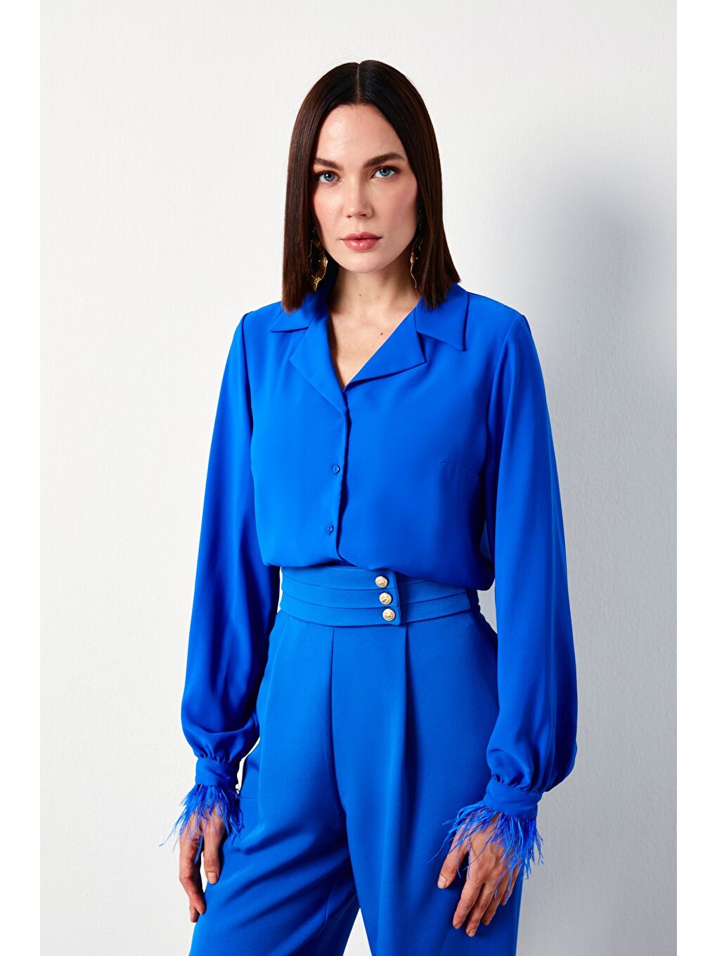 Tüy Detaylı Salaş Gömlek - Sax Mavi-1