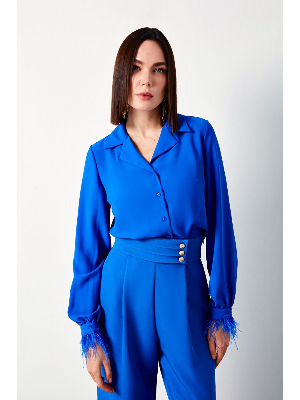 Tüy Detaylı Salaş Gömlek - Sax Mavi-2