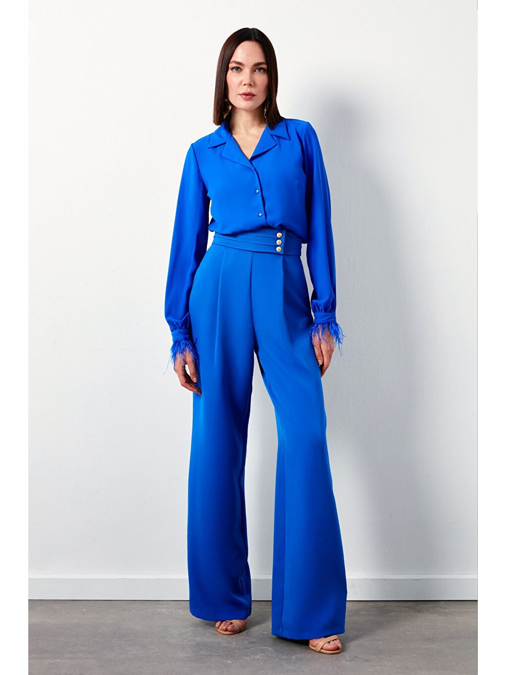 Tüy Detaylı Salaş Gömlek - Sax Mavi-4