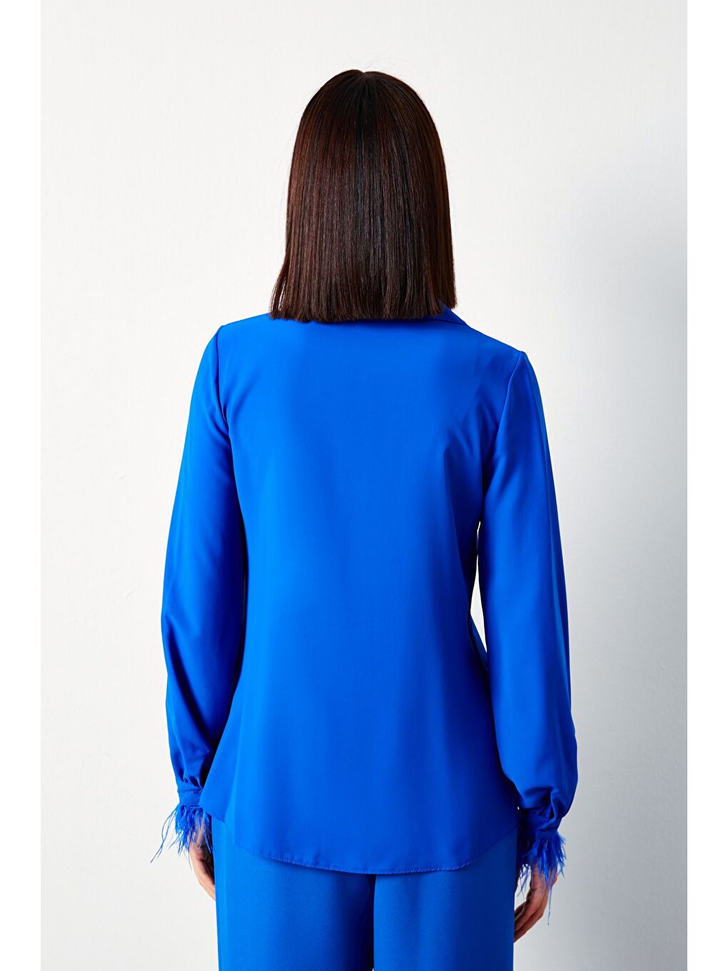 Tüy Detaylı Salaş Gömlek - Sax Mavi-5