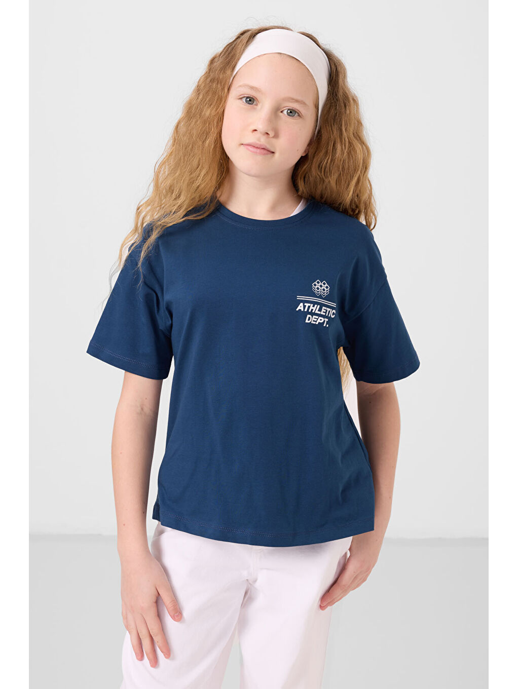 Lacivert Parlament Pamuklu O Yaka Oversize Fit Baskılı Kız Çocuk T-Shirt - 75178