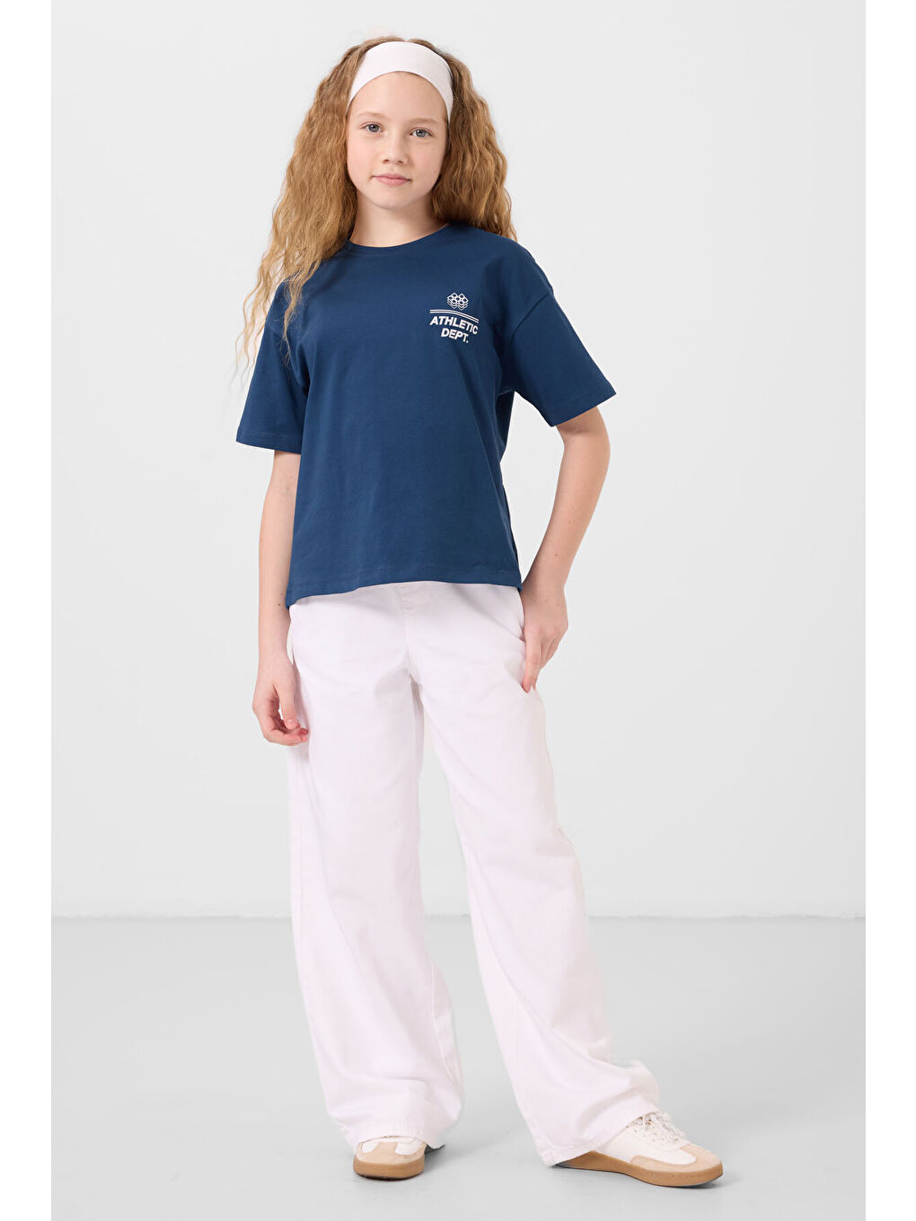 Lacivert Parlament Pamuklu O Yaka Oversize Fit Baskılı Kız Çocuk T-Shirt - 75178-1