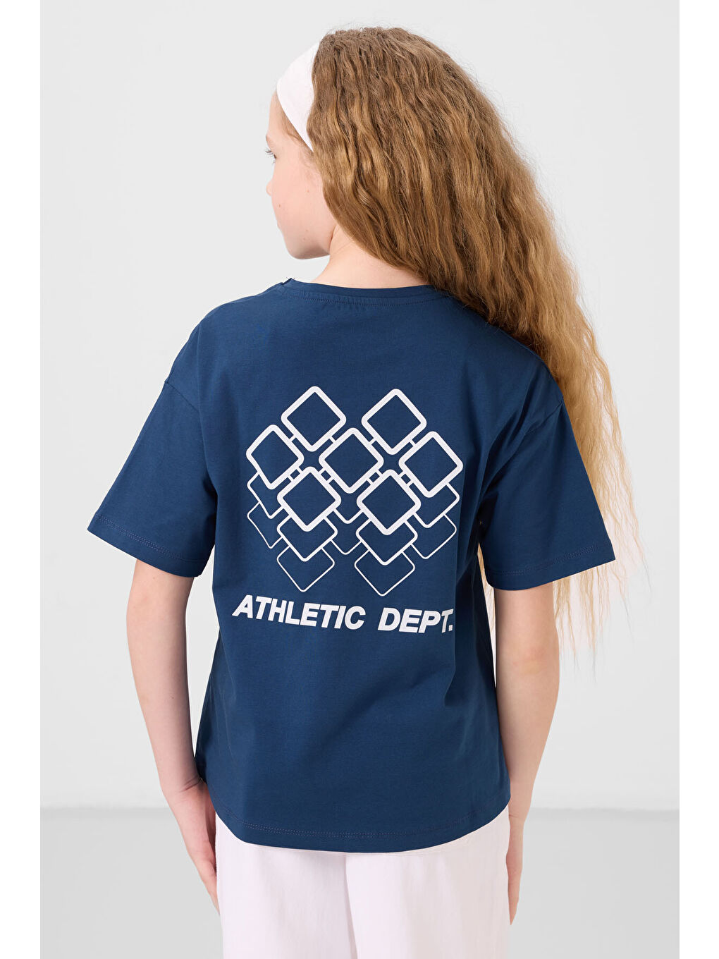 Lacivert Parlament Pamuklu O Yaka Oversize Fit Baskılı Kız Çocuk T-Shirt - 75178-4