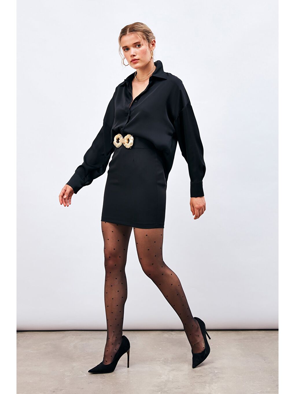 Düşük Omuzlu Salaş Gömlek - Siyah-1