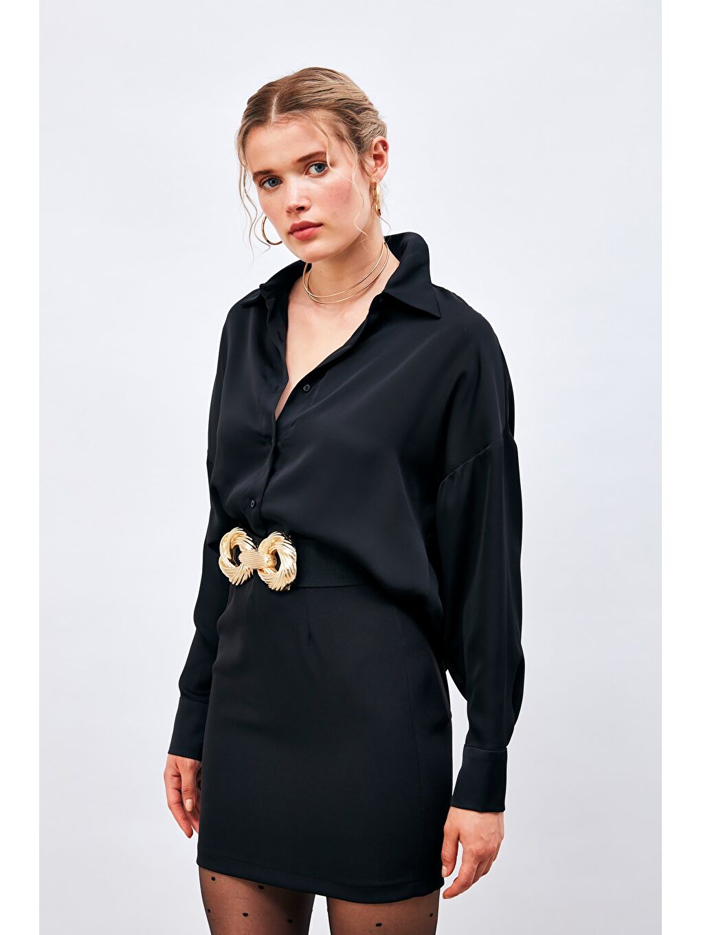 Düşük Omuzlu Salaş Gömlek - Siyah-3