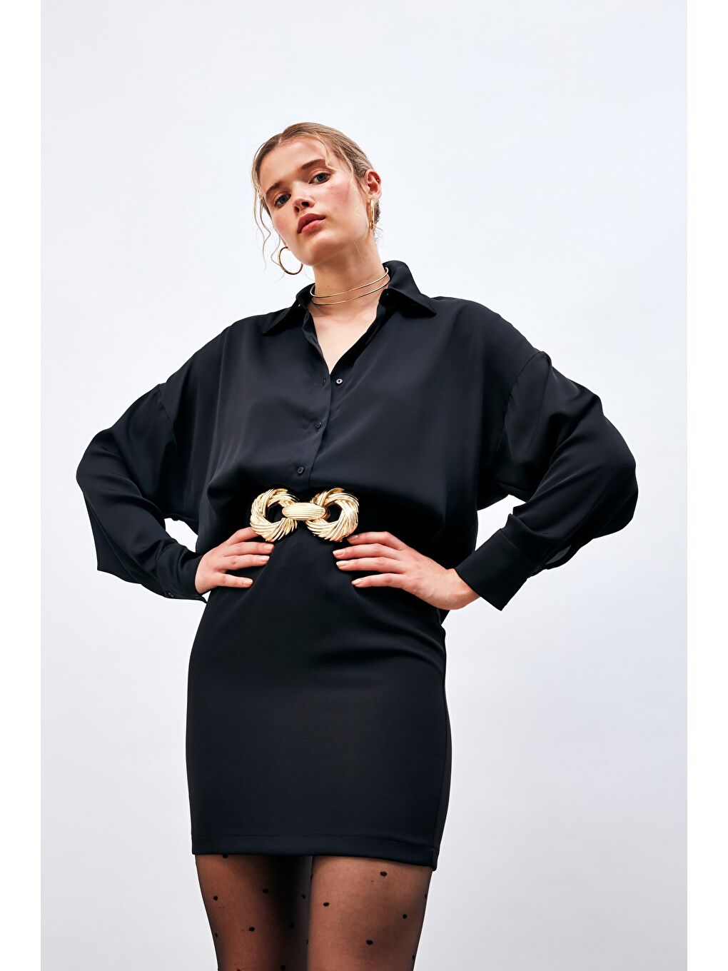 Düşük Omuzlu Salaş Gömlek - Siyah-4