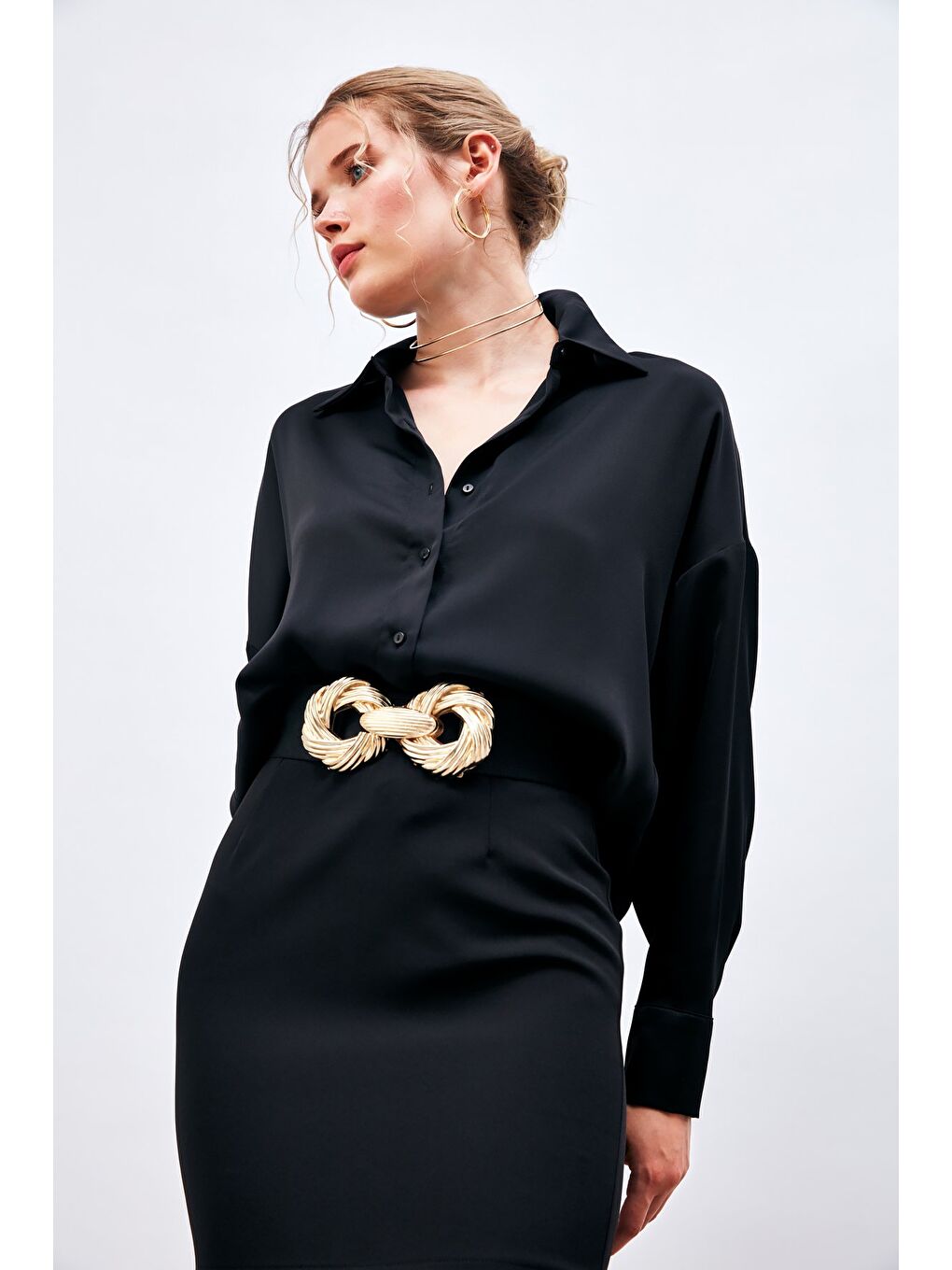 Düşük Omuzlu Salaş Gömlek - Siyah-5