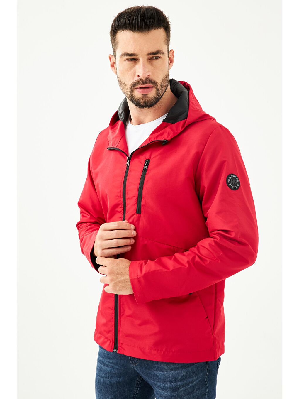 Kırmızı Erkek İçi Astarlı Suya Dayanıklı Kapüşonlu Cepli Yağmurluk - Rüzgarlık Y-23-1