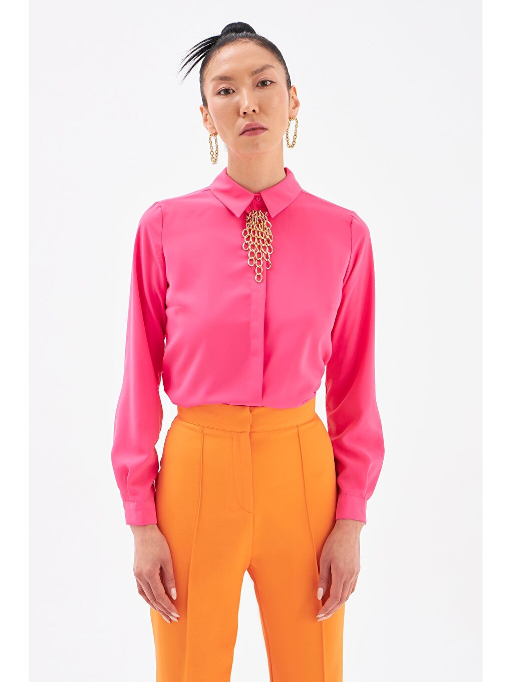 Zincir Aksesuarlı Düz Gömlek - Fuşya