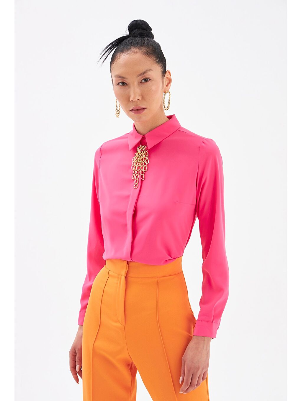 Zincir Aksesuarlı Düz Gömlek - Fuşya-2