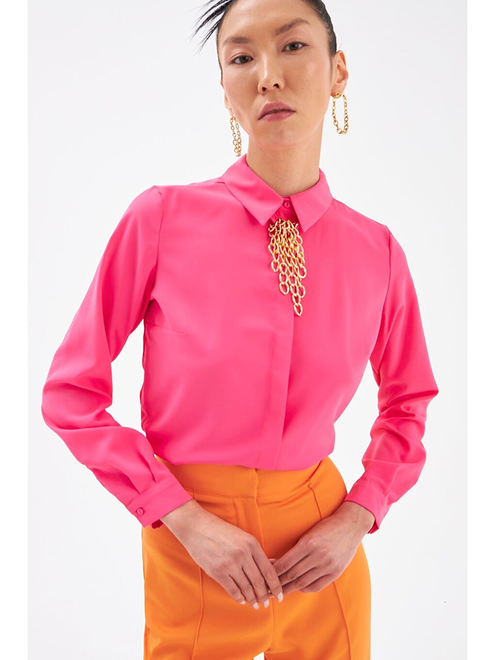Zincir Aksesuarlı Düz Gömlek - Fuşya-3
