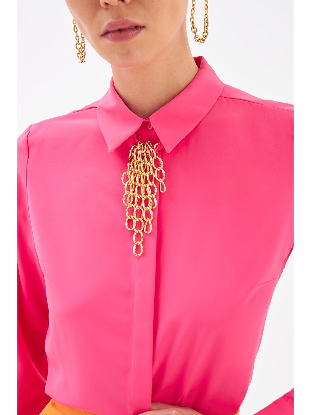 Zincir Aksesuarlı Düz Gömlek - Fuşya-4
