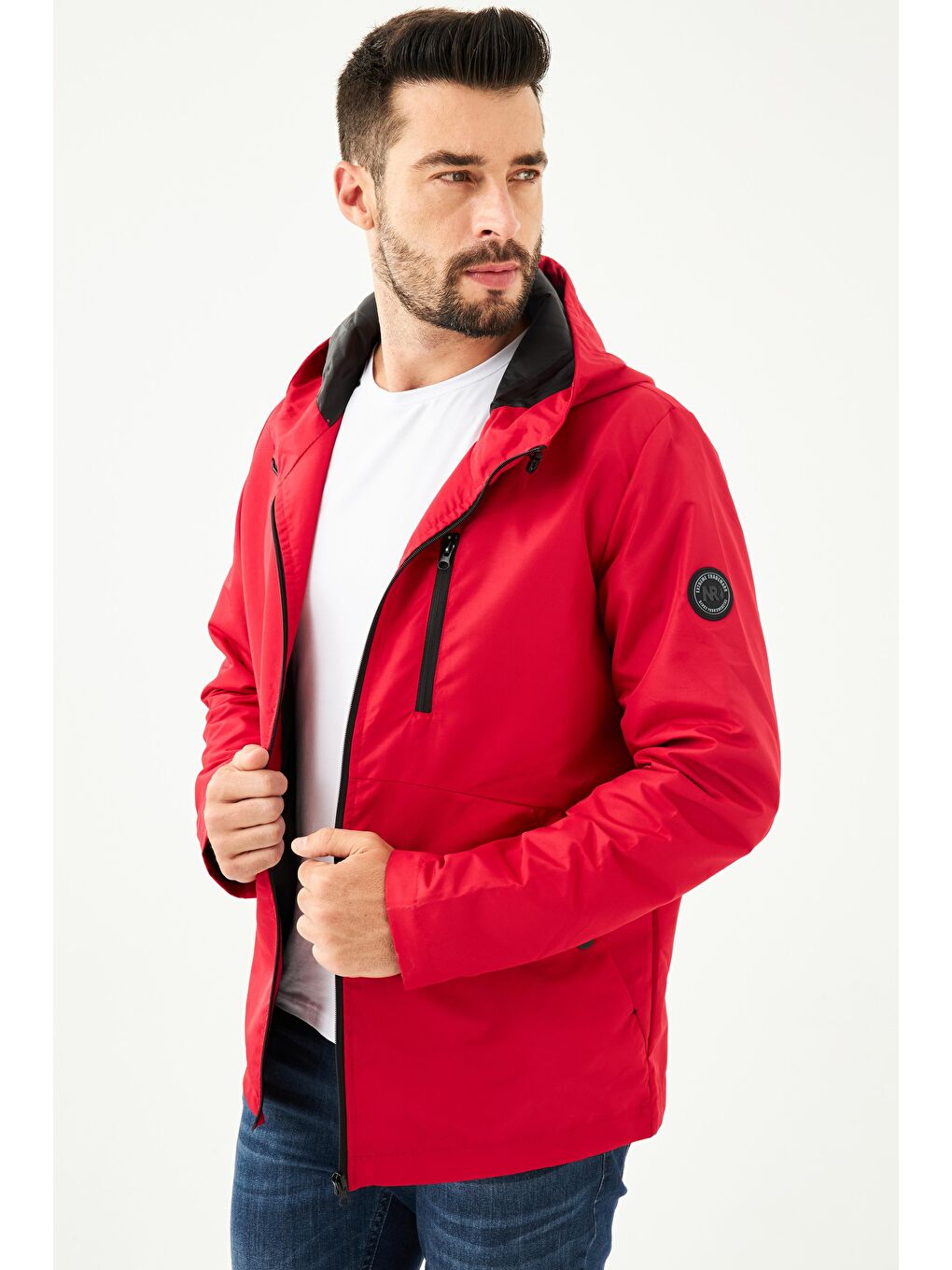 Kırmızı Erkek İçi Astarlı Suya Dayanıklı Kapüşonlu Cepli Yağmurluk - Rüzgarlık Y-23-3