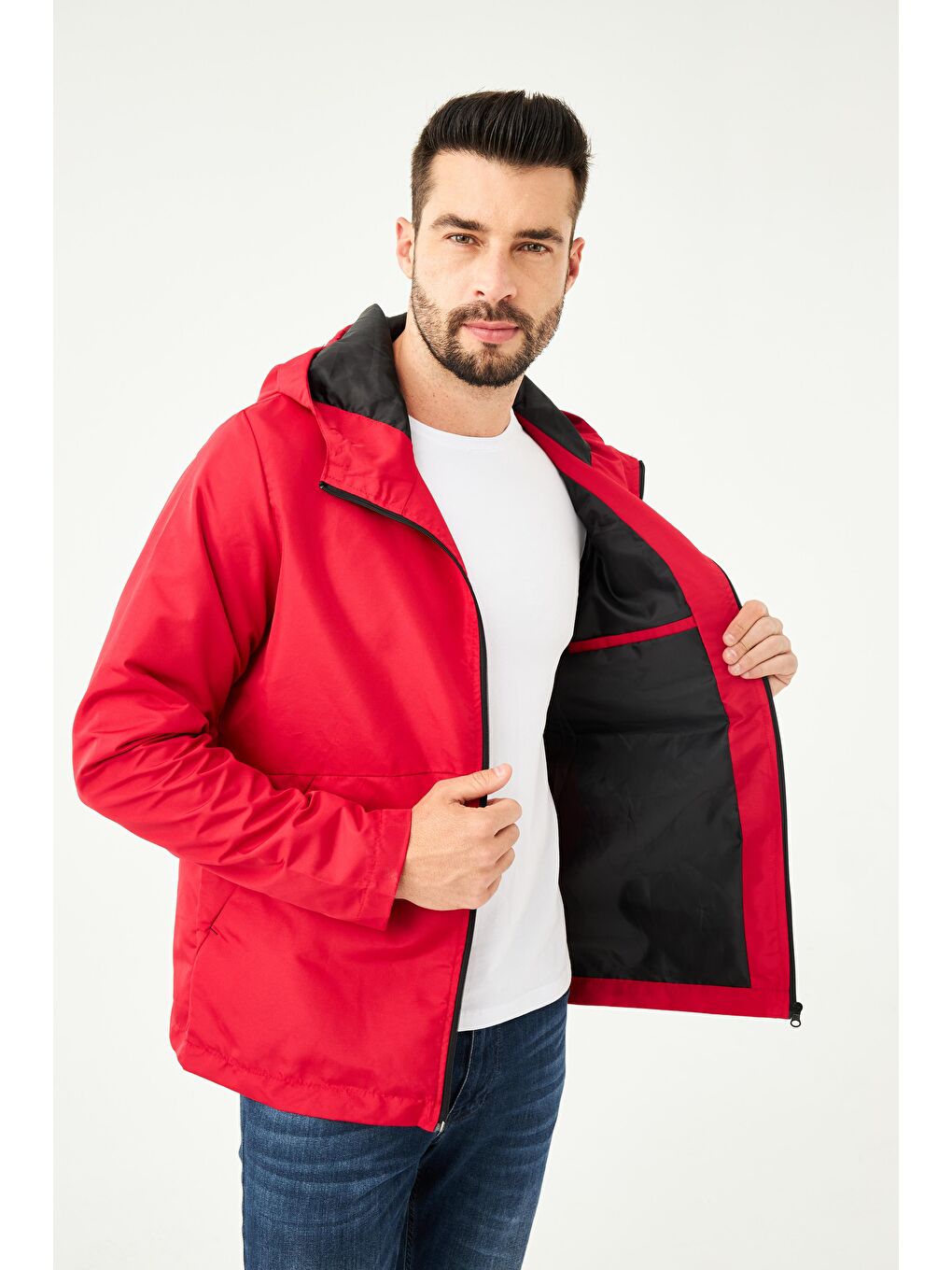 Kırmızı Erkek İçi Astarlı Suya Dayanıklı Kapüşonlu Cepli Yağmurluk - Rüzgarlık Y-23-4
