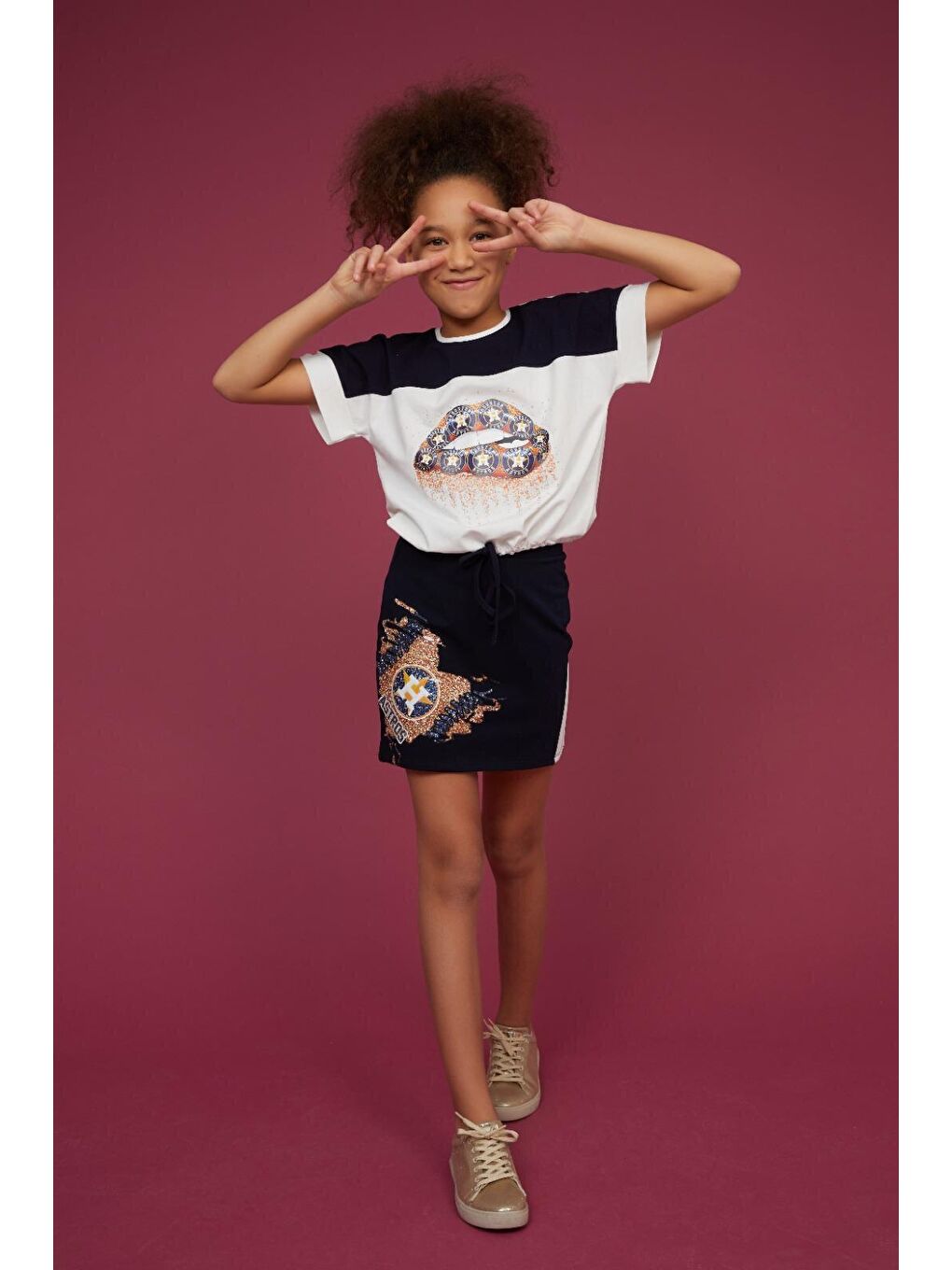 Ekru Kız Çocuk Bel Büzgülü Tişört-2