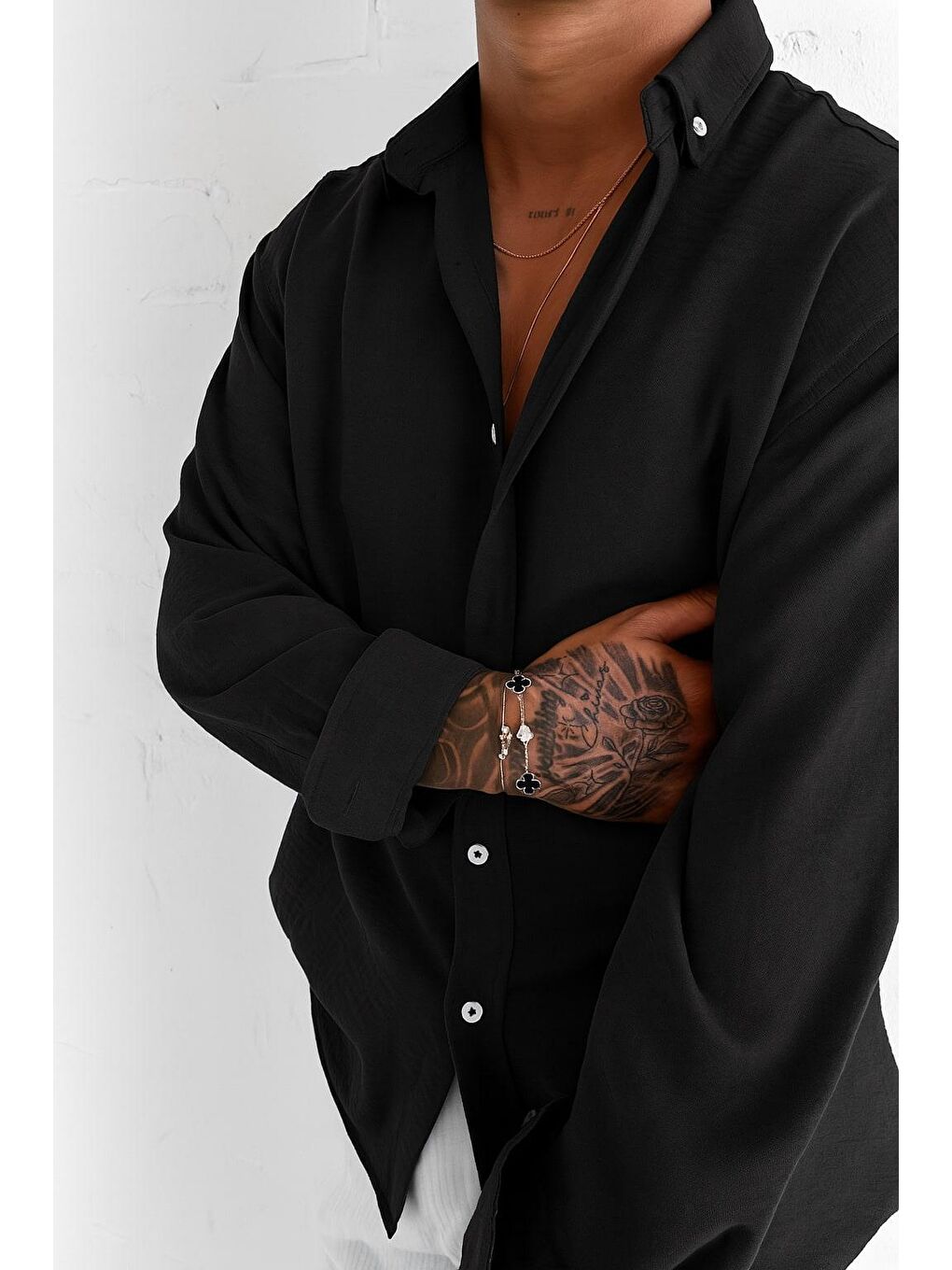 Erkek Oversize Basic Rahat Gömlek Siyah-1