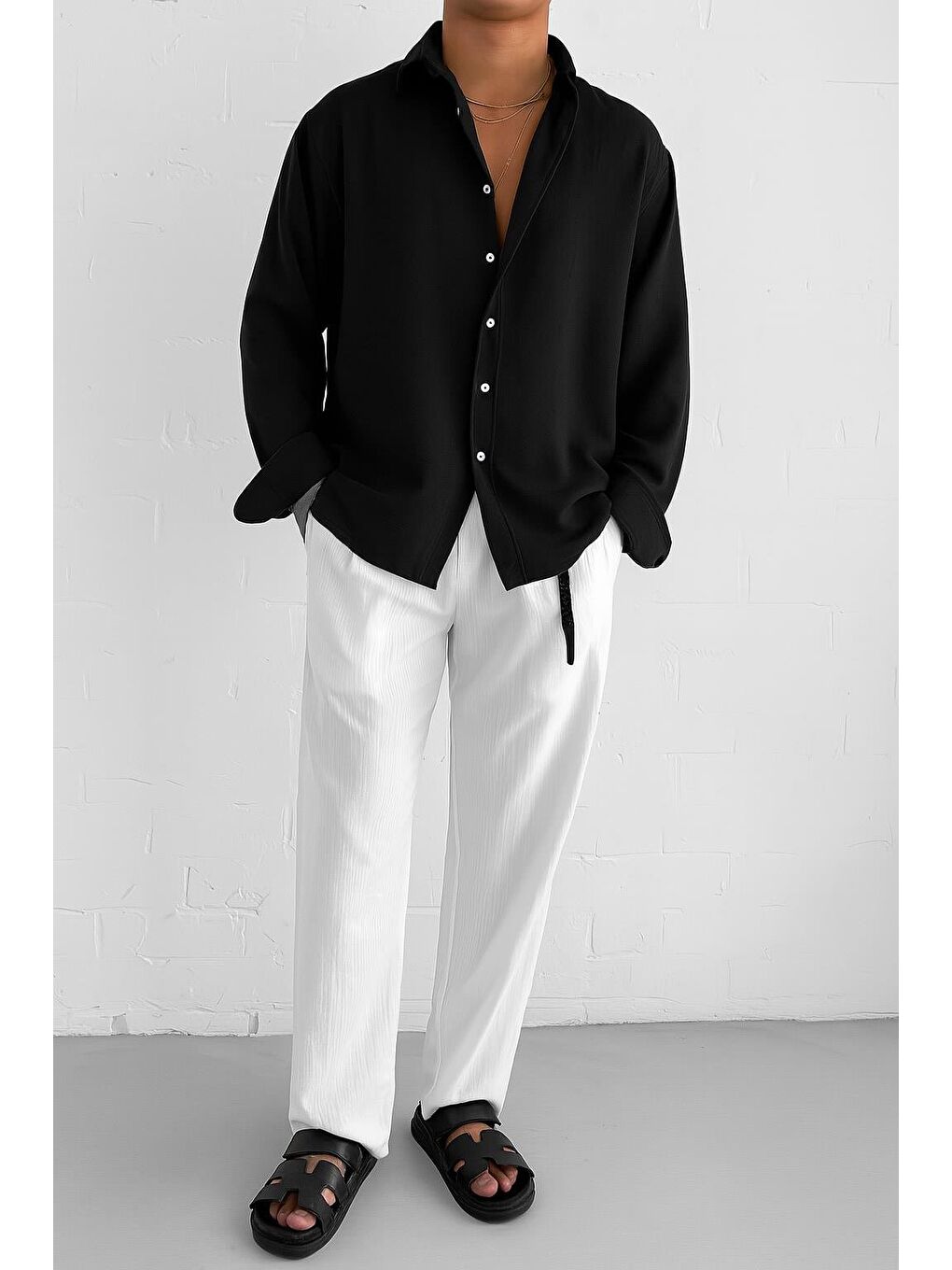 Erkek Oversize Basic Rahat Gömlek Siyah-2