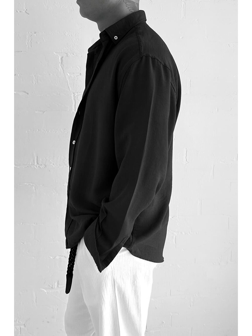 Erkek Oversize Basic Rahat Gömlek Siyah-3