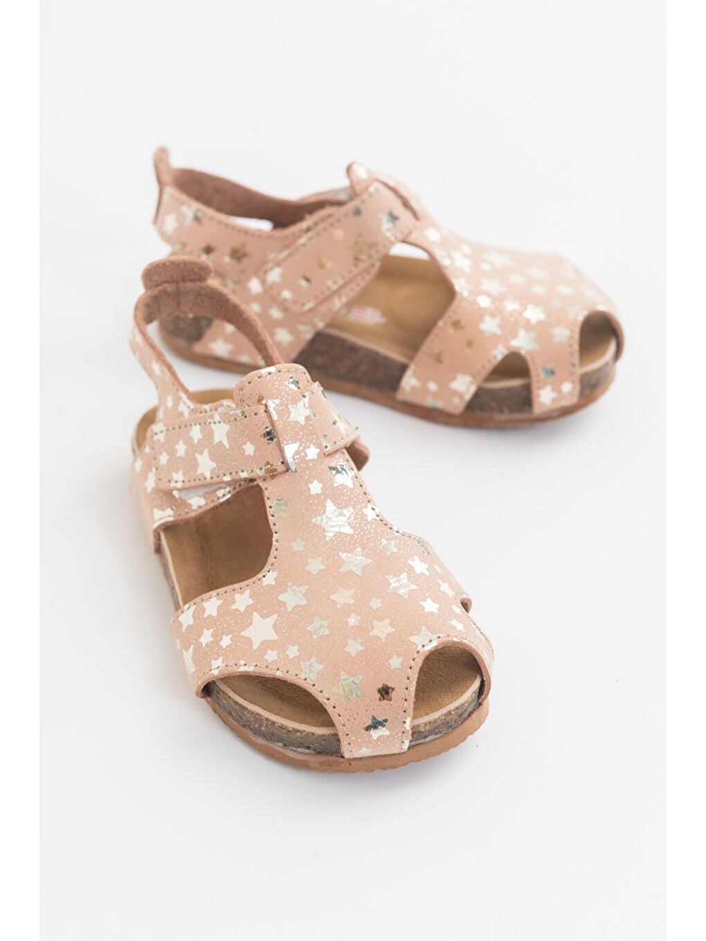 Pembe Unisex Çocuk Yıldızlı Pudra Deri Ortopedik Destekli Çocuk Sandalet-1