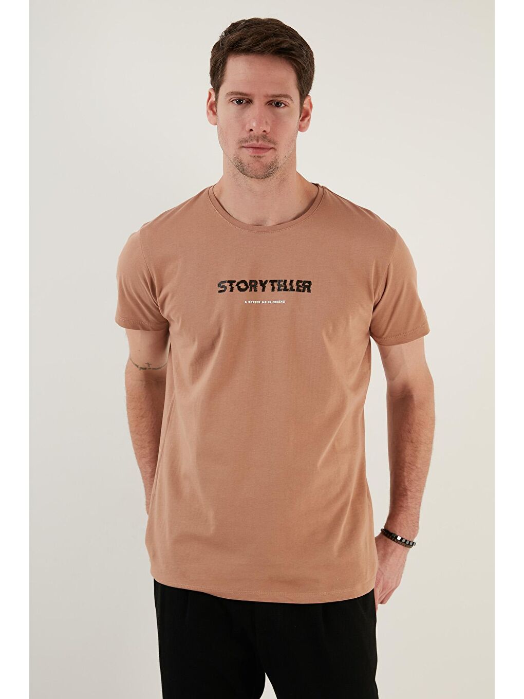 Bej Yazı Baskılı Bisiklet Yaka %100 Pamuk Slim Fit Tişört 541STORYTELLER-3
