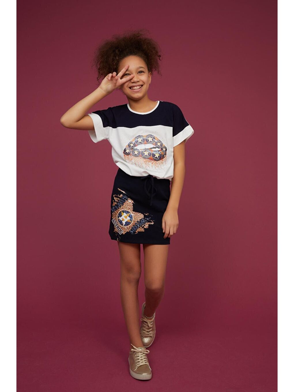 Ekru Kız Çocuk Bel Büzgülü Tişört-3