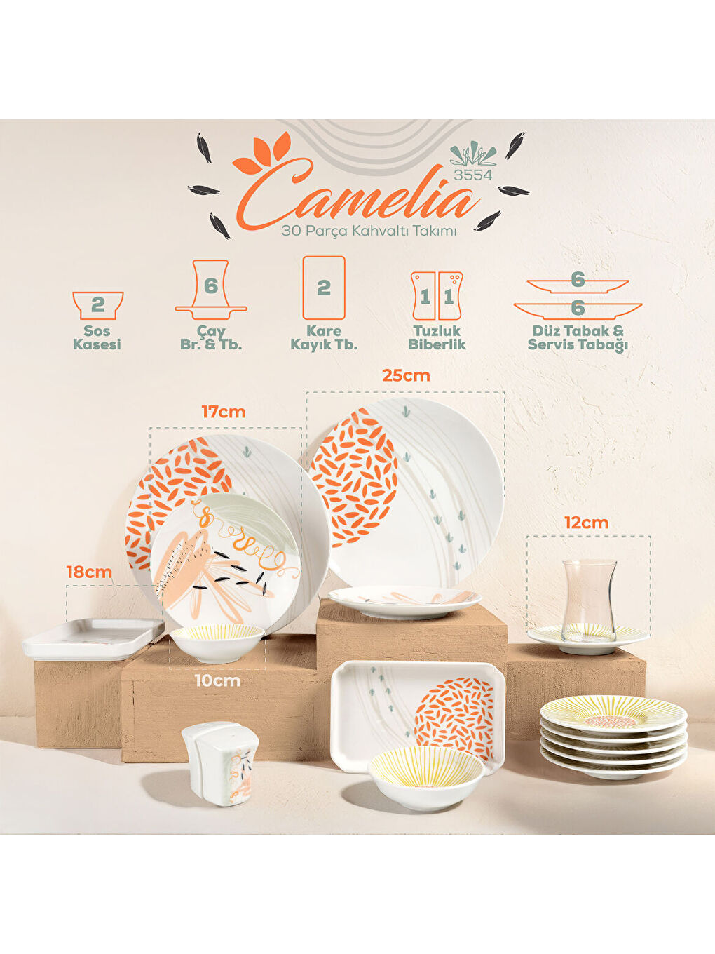Ekru Camelia 30 Parça 6 Kişilik Kahvaltı Takımı 3554-3