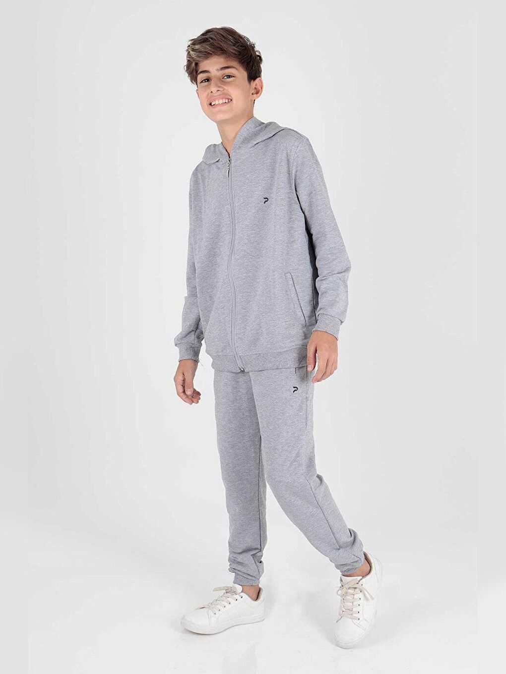 Gri Kids Erkek Çocuk Kapüşonlu Fermuarlı Trend Eşofman Takımı-1