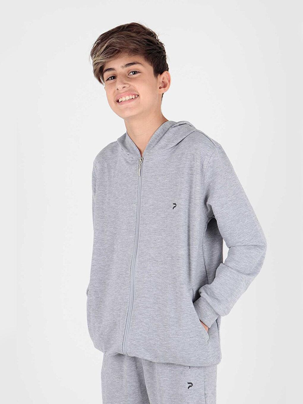 Gri Kids Erkek Çocuk Kapüşonlu Fermuarlı Trend Eşofman Takımı-3