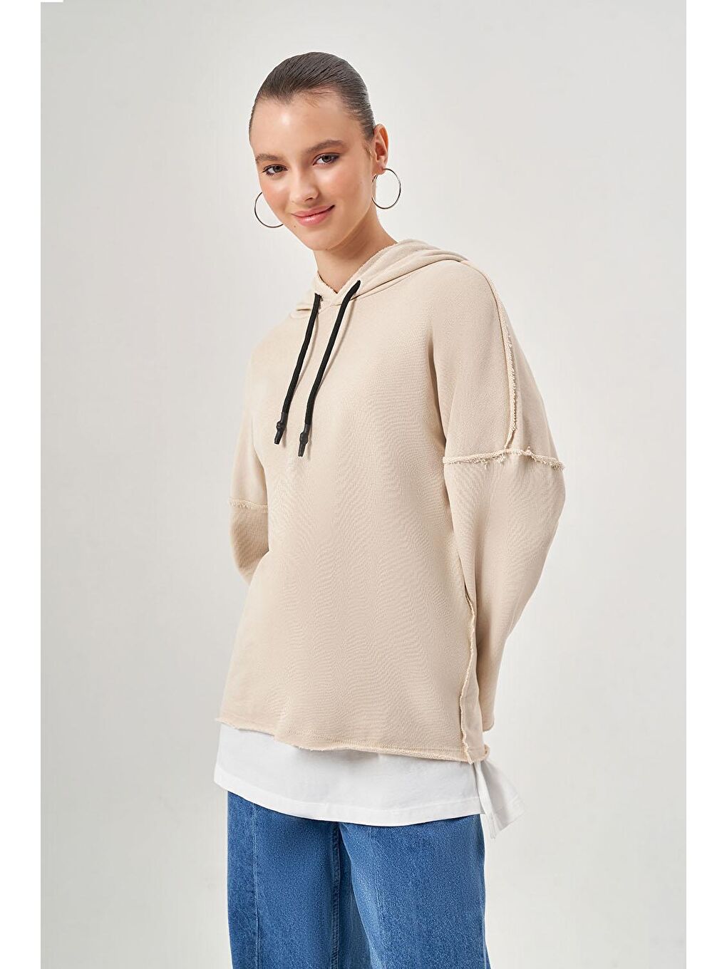 Mizalle Ekru Kapüşonlu Garnili Ekru Sweatshirt - 1