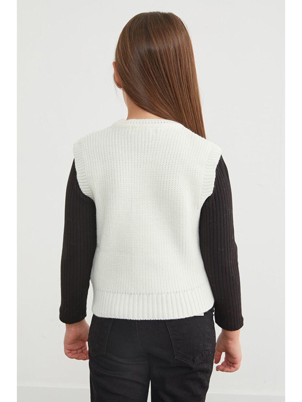 Beyaz Fiyonk Detaylı Bisiklet Yaka Kız Çocuk Triko Süveter-2