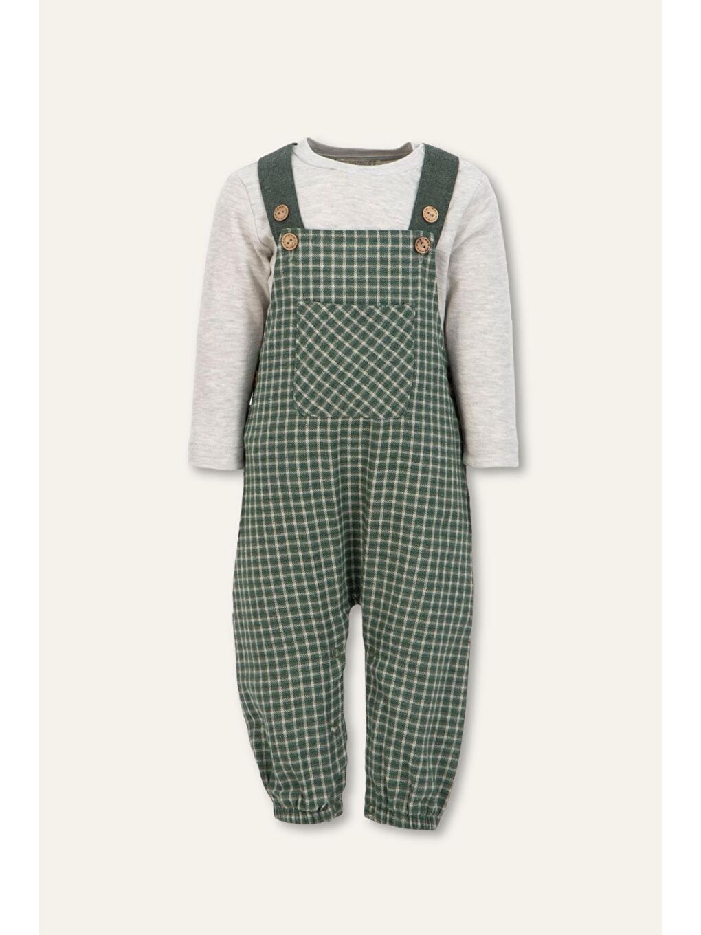 Erkek Bebek Ekose Desen Salopet Ve T-Shirt Takım - Haki