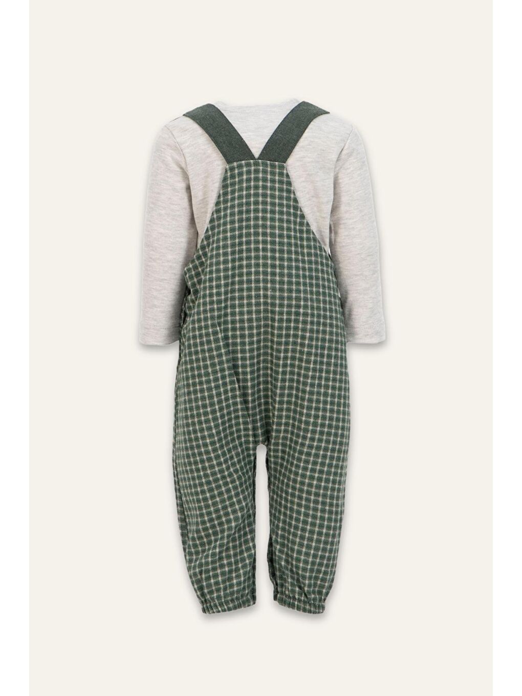 Erkek Bebek Ekose Desen Salopet Ve T-Shirt Takım - Haki-1