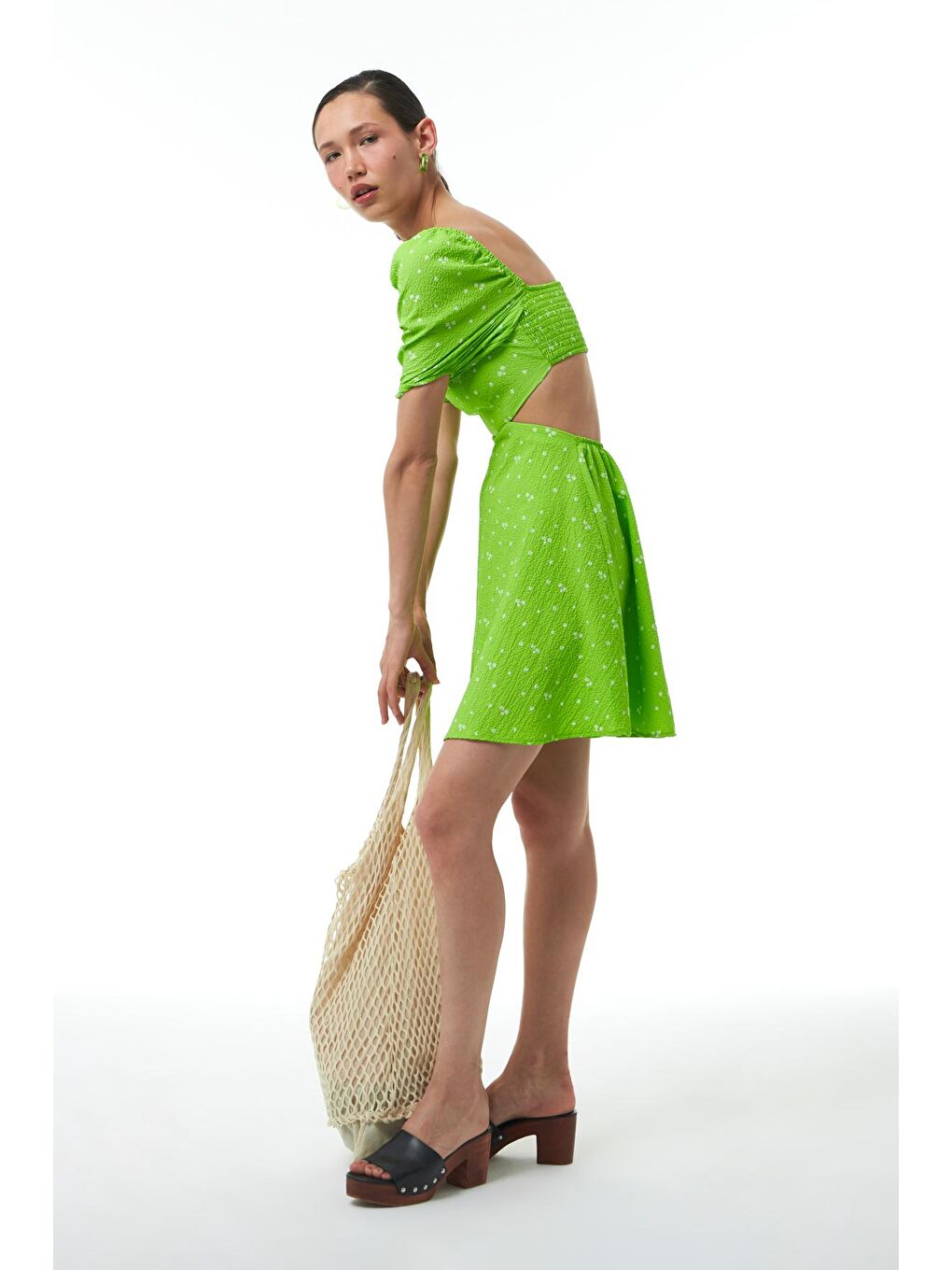 Dekolteli Balon Kol Elbise Yeşil