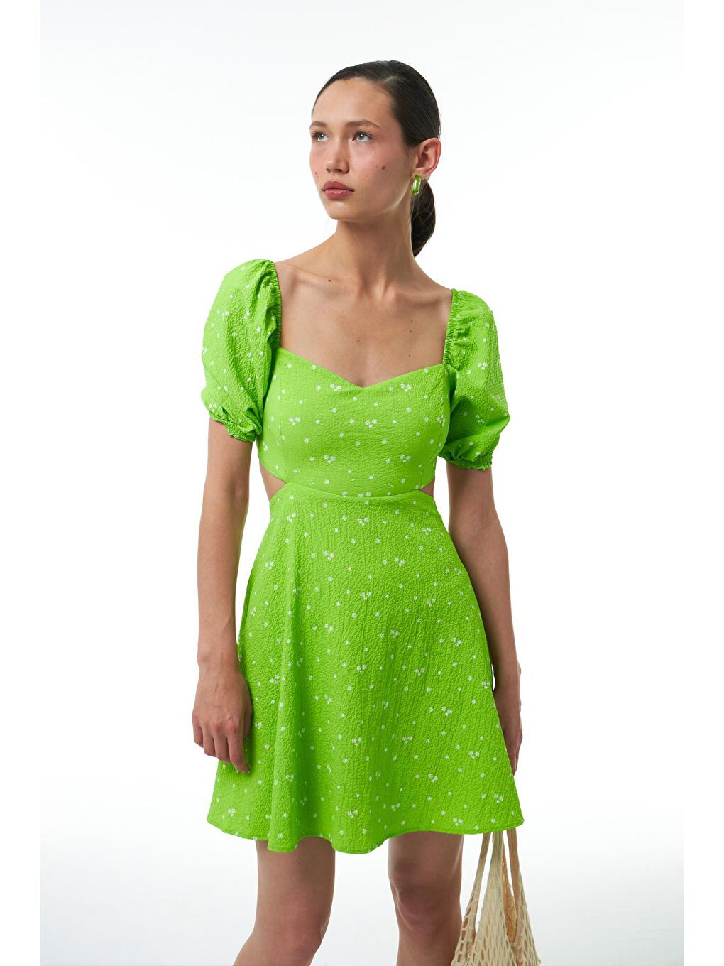 Dekolteli Balon Kol Elbise Yeşil-2