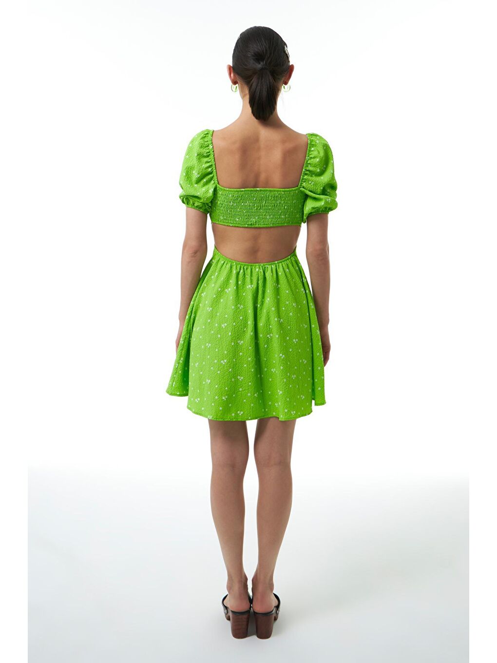 Dekolteli Balon Kol Elbise Yeşil-4