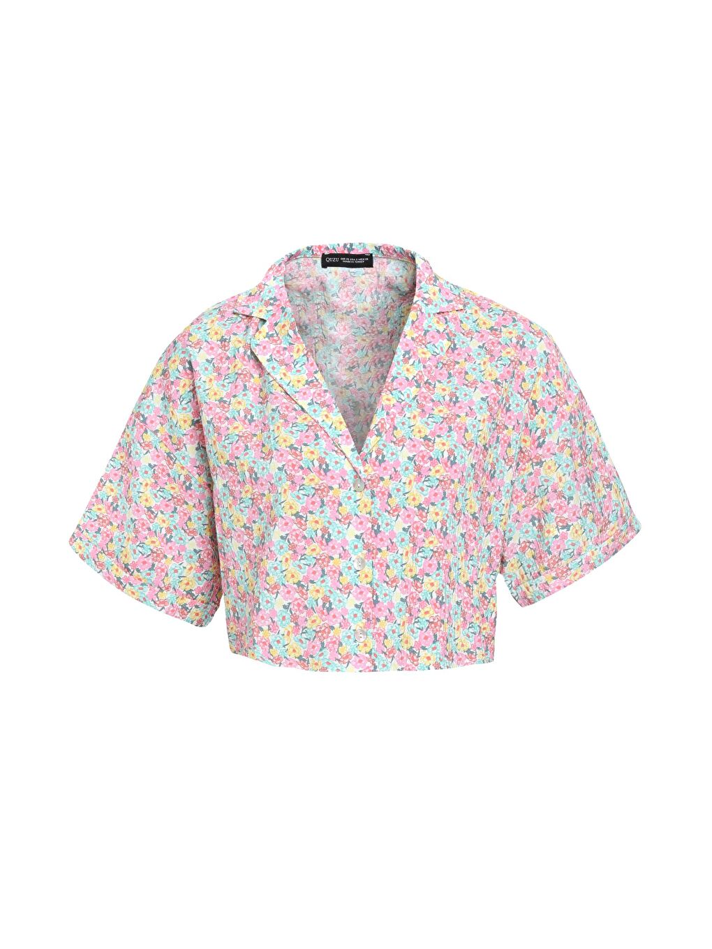 Çiçek Desenli Crop Gömlek Pembe-1