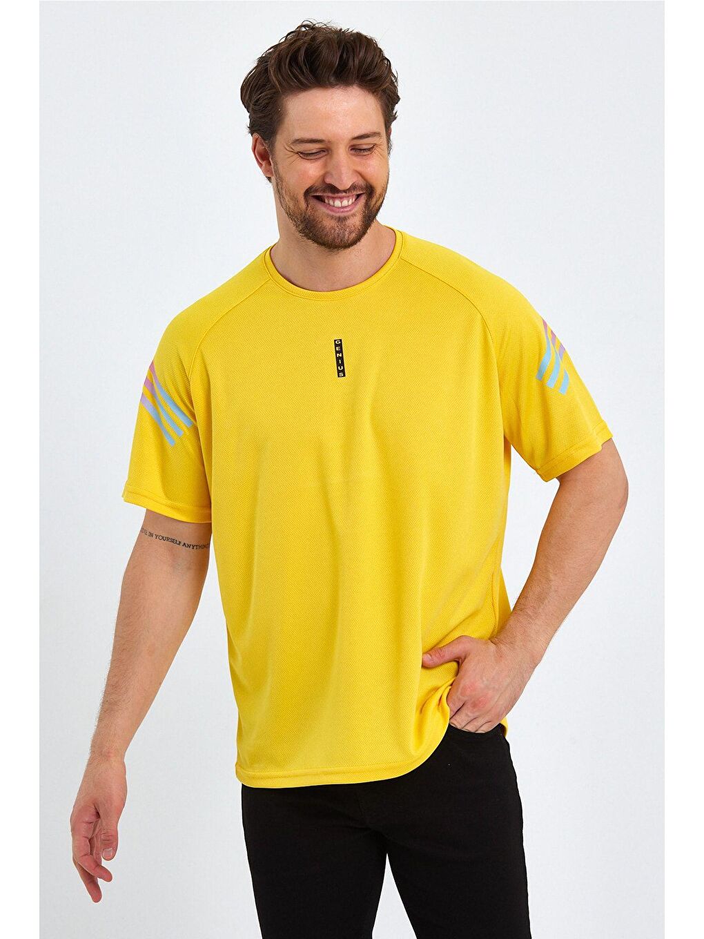 Sarı Store Erkek Spor Tişört Baskılı Fitness, Antrenman Fit Tişört