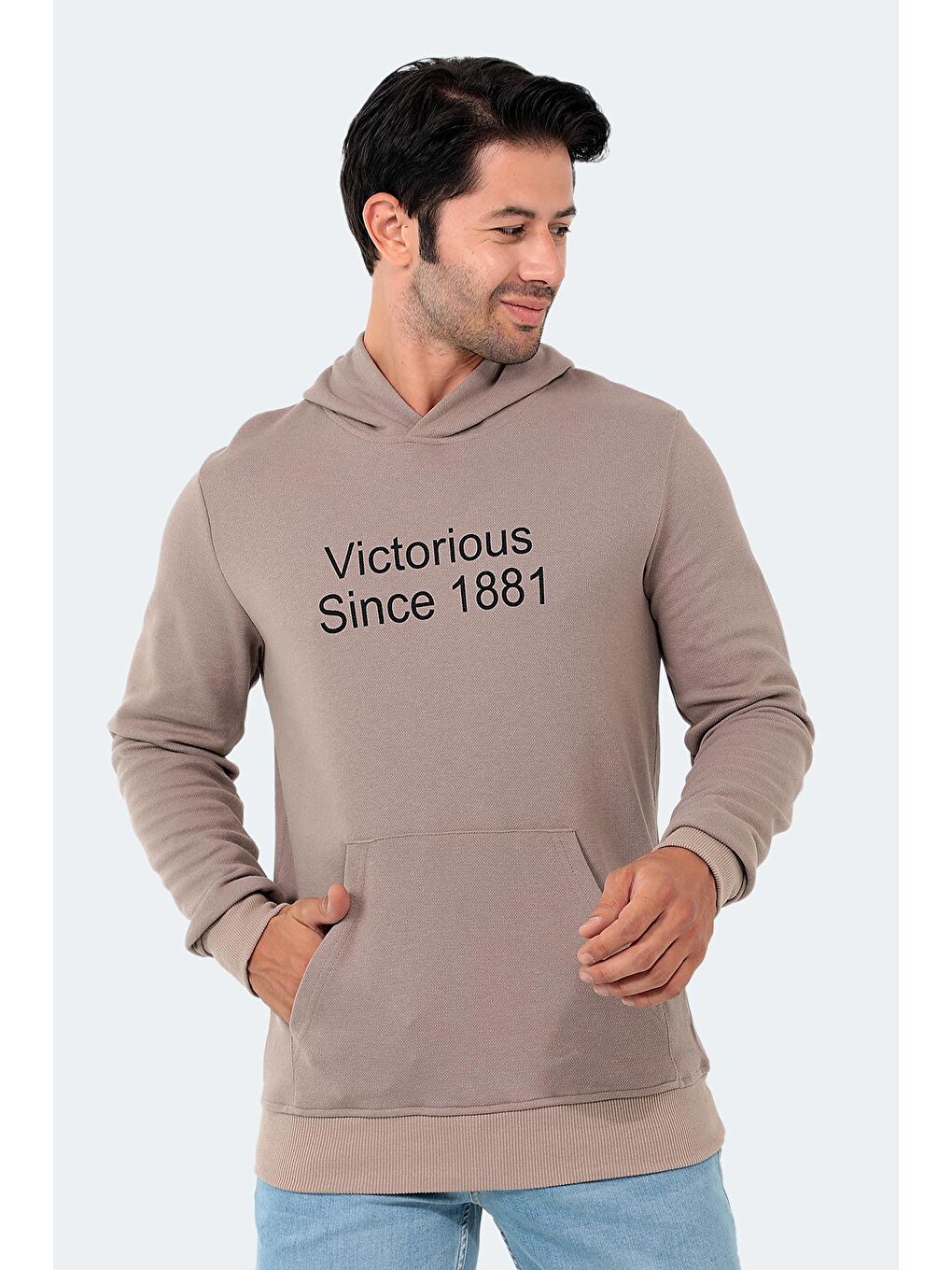 Bej BARNA Erkek Kapüşonlu Sweatshirt Taş Gri-4