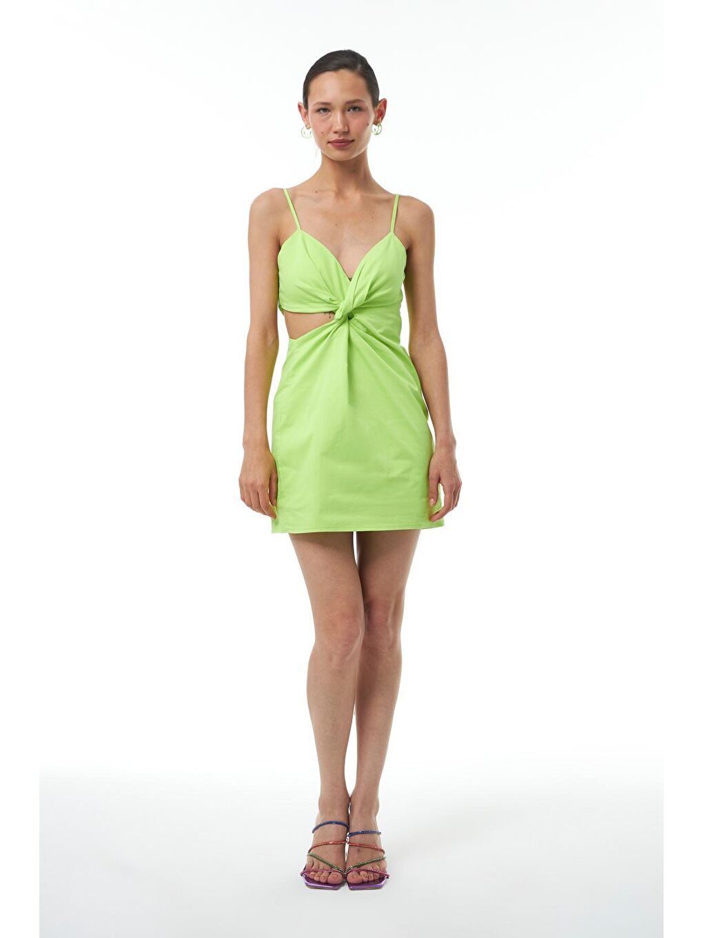 Dekolteli Askılı Mini Elbise Neon Yeşil