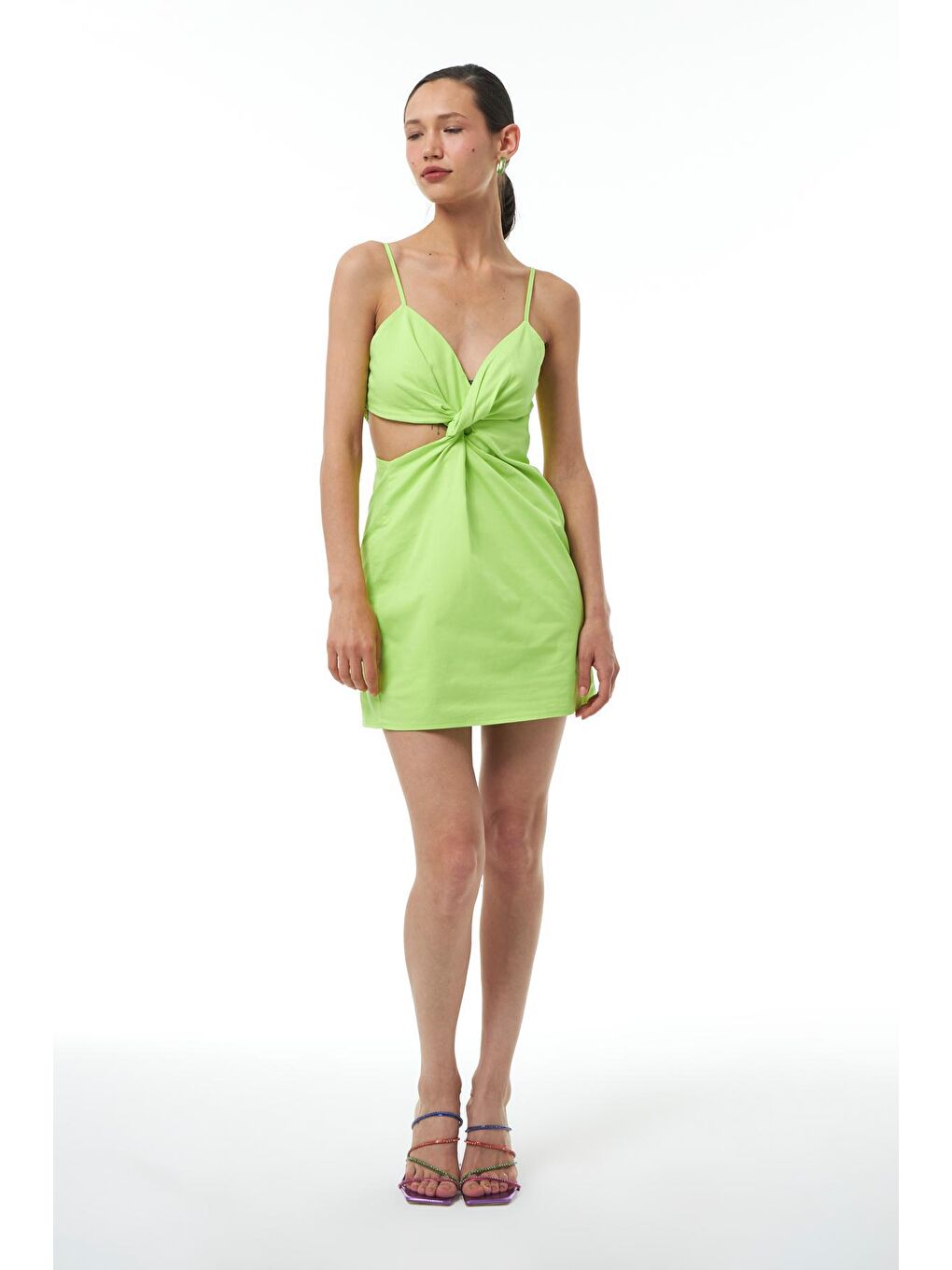 Dekolteli Askılı Mini Elbise Neon Yeşil-2