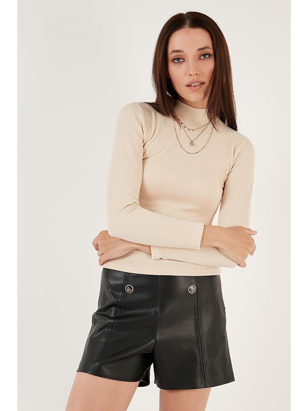 Bej Fitilli Esnek Slim Fit Yarım Balıkçı Yaka Kazak 5865344-2