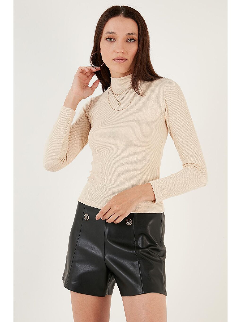 Bej Fitilli Esnek Slim Fit Yarım Balıkçı Yaka Kazak 5865344-3