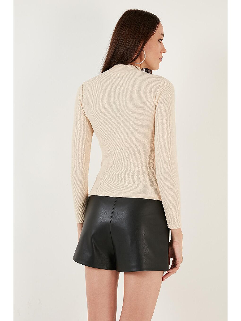 Bej Fitilli Esnek Slim Fit Yarım Balıkçı Yaka Kazak 5865344-4