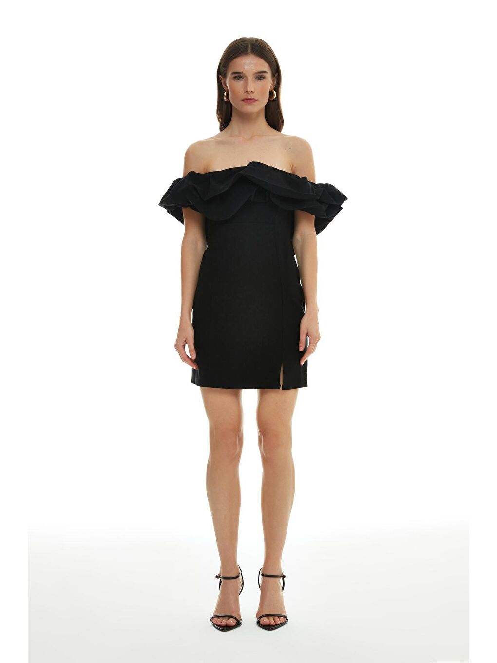 Fırfır Detaylı Straplez Mini Elbise Siyah-1